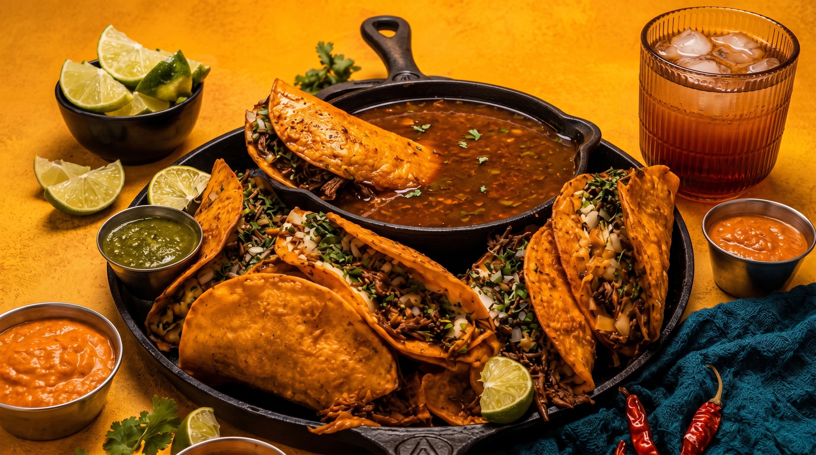 Platón de tacos de birria con consomé, salsas y cantarito